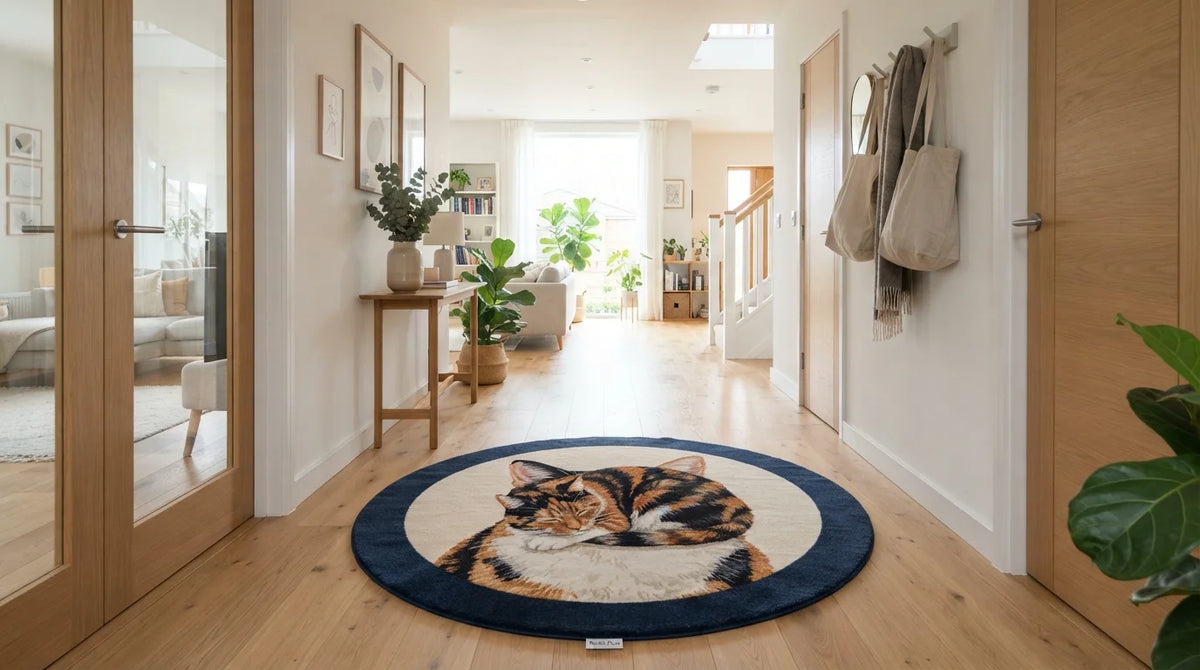 Calico Cat Custom Rug in Scandinavian Hallway